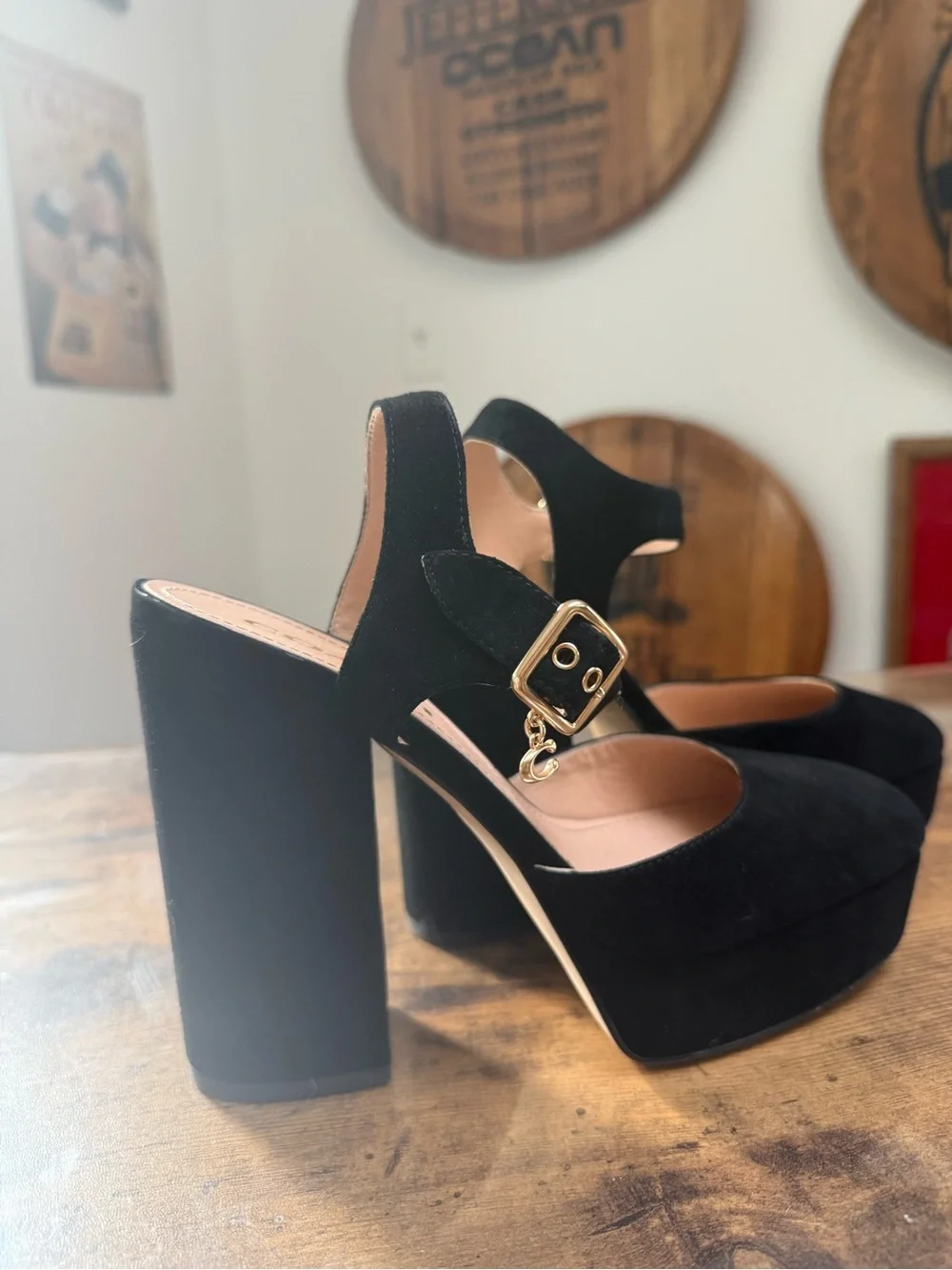 Black Suede Platform Mary Jane Heels with Gold Buckle